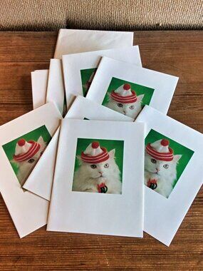 Set of 9 White Cat Christmas Cards w Envelopes Cute Kitten Hat Holiday Vintage